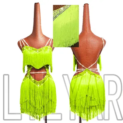 Image de Robe de Danse Latine Élégante avec Pompons Bleu Mer