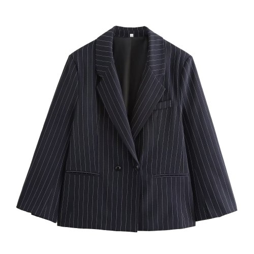 Zdjęcie Nowa damska kurtka garniturowa w stylu streetwearowym ETJ Jesień/Zima 2025, oversize, w paski, z poduszkami na ramionach, luźna.