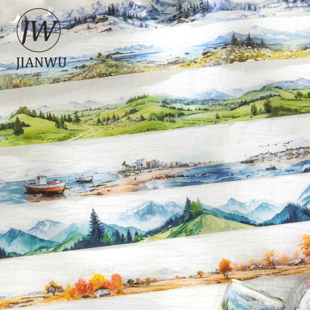 Zdjęcie Taśma PET 30 mm x 200 cm z motywem gór i morza – vintage krajobraz do kolażu, DIY i dekoracji dziennika