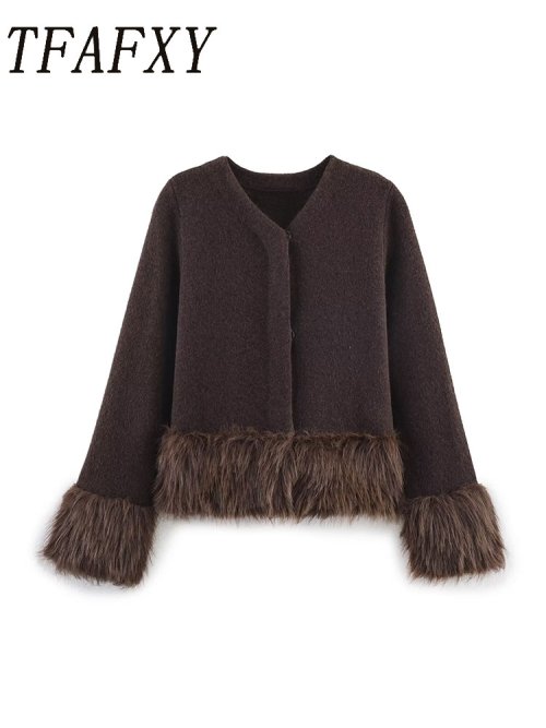 Bild von Frauen Strickjacke Herbst 2025 – Künstlicher Pelz, Gespleißt, Langarm, Einreiher, Lockerer Pullover im Y2K-Stil