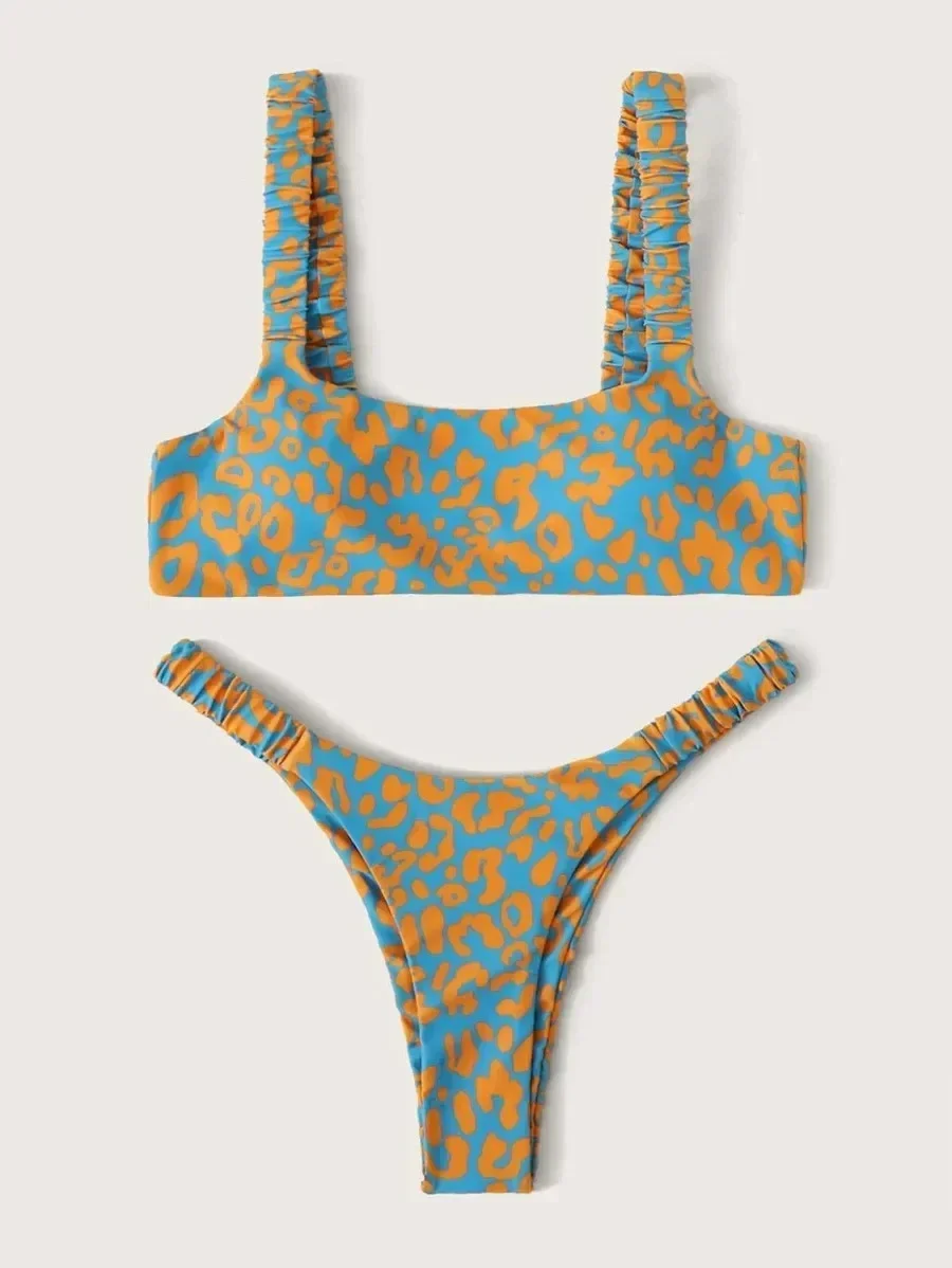 Zdjęcie Elegancki dwuczęściowy strój kąpielowy damski w cętki – seksowne bikini mikro z wysokim stanem i kolorowymi szelkami, idealne na lato
