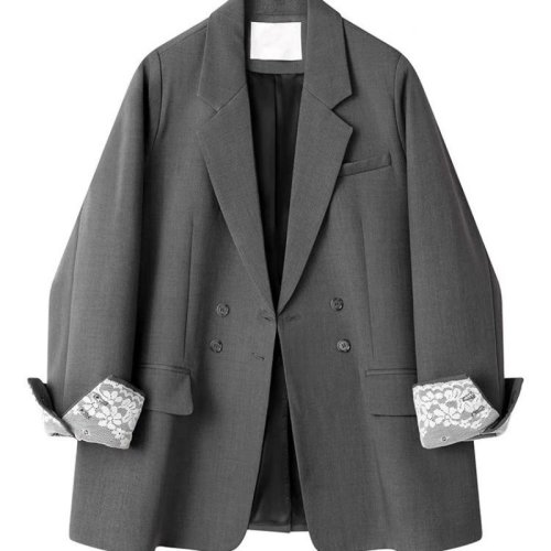 Image of Elegant Grey and Black Lace Patchwork Blazer for Women – Long Sleeve Office Suit Coat with Spring and Autumn Design