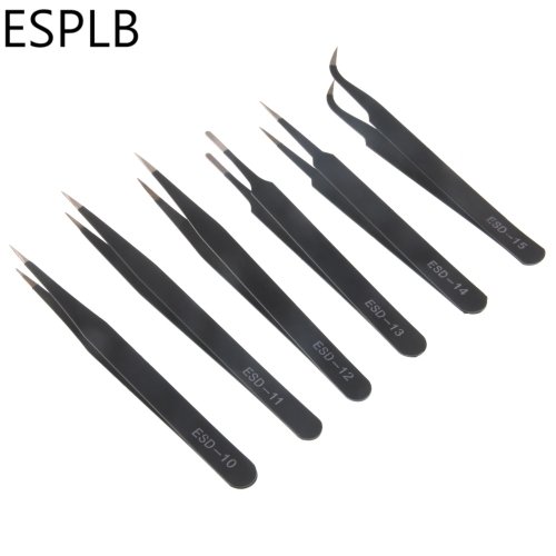 Image of Precision Anti-Static ESD Stainless Steel Tweezers Set - 6-Piece Industrial Curved and Straight Repair Tools for Electronics and Fine Work