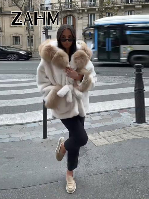 Immagine di Elegante pelliccia sintetica con lacci cappotto da donna allentato manica lunga punto aperto risvolto cappotti caldi donna 2025 autunno inverno addensare Top nuovo