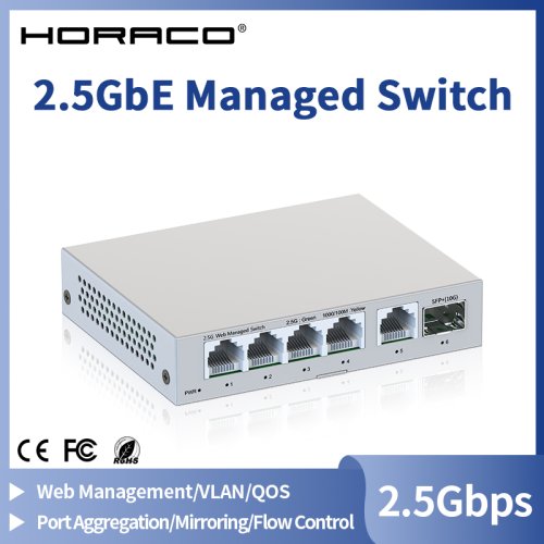 Immagine di HORACO 2.5GbE Switch gestito 5 porte 2500Mbps Rete 10G SFP+ Slot Uplink Web Gestito Link Aggregation Hub Internet Splitter