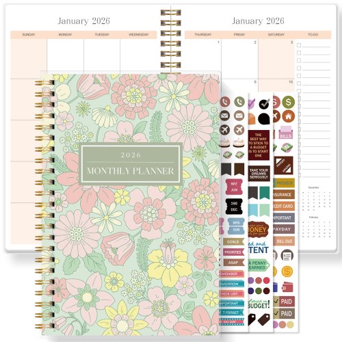 Afbeelding van 2026 A5 maandelijkse planner, bloemenomslag, academische agenda met notities en takenlijst, perfect ...