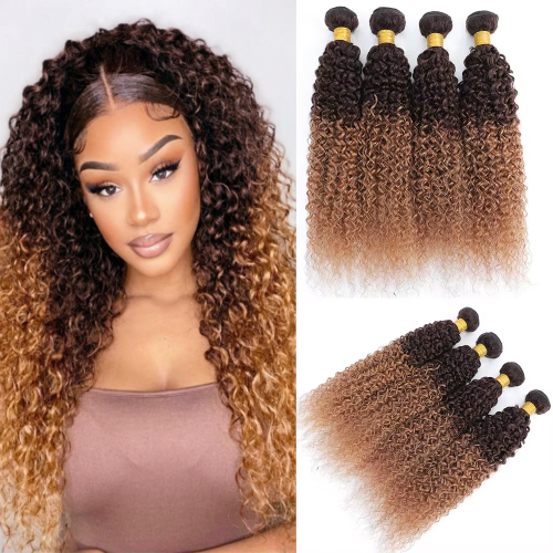 Image of Brazilian Kinks Curly Human Hair Extensions Ombre Blonde Colored Virgin Raw Hair Weave Bundles 1/3/4 Packs for Natural Full Volume Look