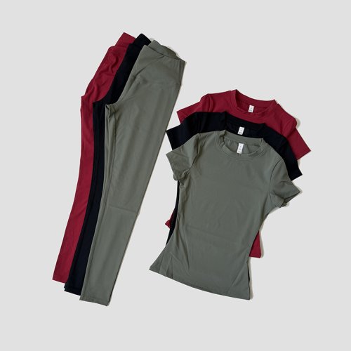 Afbeelding van Sneldrogende gymleggingset Sportpak Korte mouw Ademend Rekbaar Slank Fitness Actieve top Strakke gymset
