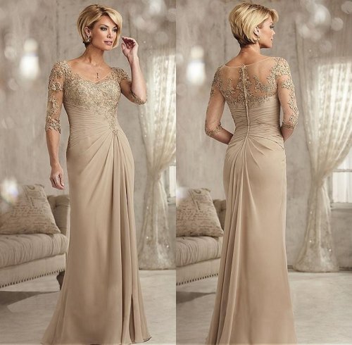 Afbeelding van Elegante Chiffon Avondjurk met Kralen Kant voor Moeder van de Bruid, Champagnekleur, Halfmouwen, Plus Size, Perfect voor Bruiloft