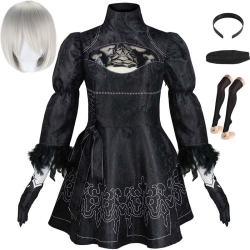 Imagen de Disfraz de Cosplay Yorha 2B Talla Grande: Conjunto Completo con Leotardo Negro, Peluca, Guantes, Calcetines y Máscara para el Ojo