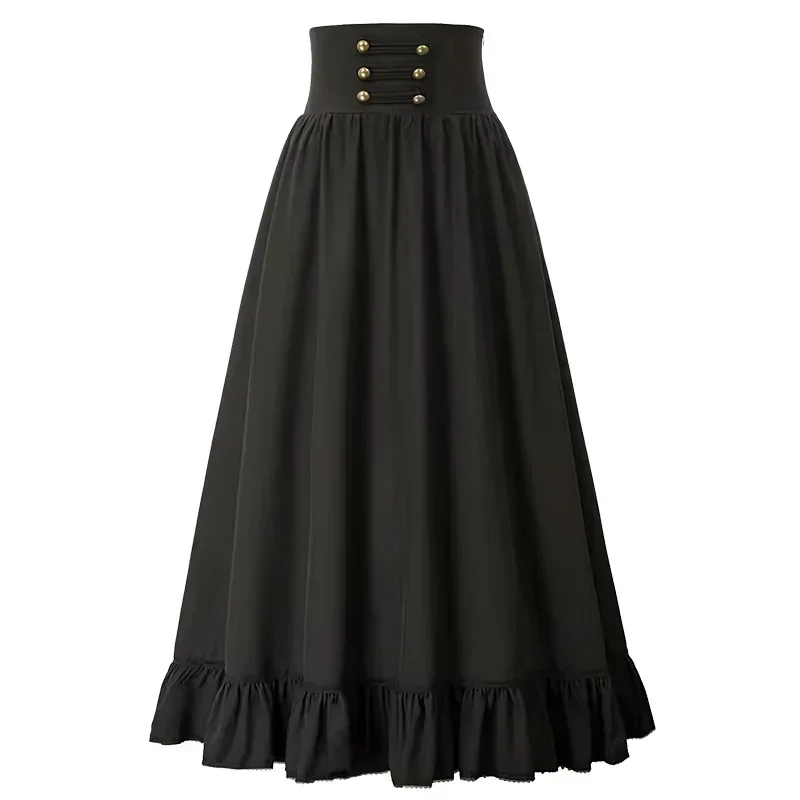 Image of Vintage Renaissance Pleated Maxi Corset Skirt for Women – High Waist A-Line Floor-Length Ruffle Gown with Button Detailing