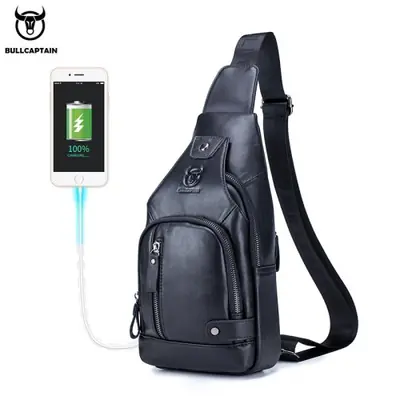 Image de Sac bandoulière homme en cuir véritable avec port USB