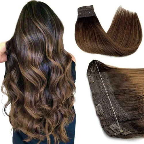 Image of Natural Looking Wire Hair Extensions with Real Human Hair Balayage from Dark Brown to Chestnut Brown, Invisible Transparent Remy Fish Line Extensions