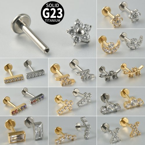 Zdjęcie 1PC ASTM F136 tytan cyrkon Labret płaski tył płatek Helix Tragus księżyc krzyż kolczyk gwint wewnętrzny Piercing biżuteria 1.2x8mm