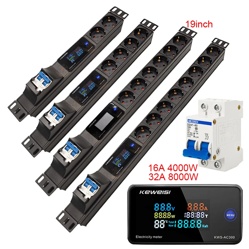 Image of Smart Power Distribution Unit with Digital Voltage Meter – 8 EU Outlets for Network Cabinet Rack, Reliable Surge Protection & Energy Monitoring