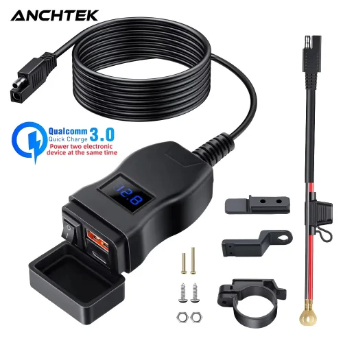 Image of Anchtek Waterproof Motorcycle USB Charger with 12V Power Adapter, Dual PD Ports, Quick Charge 3.0, and On/Off Switch for Motorcycles