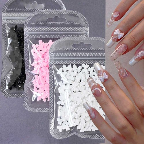 Image de Bijoux d'ongles Kawaii - Nœuds Papillons 3D Rose & Blanc