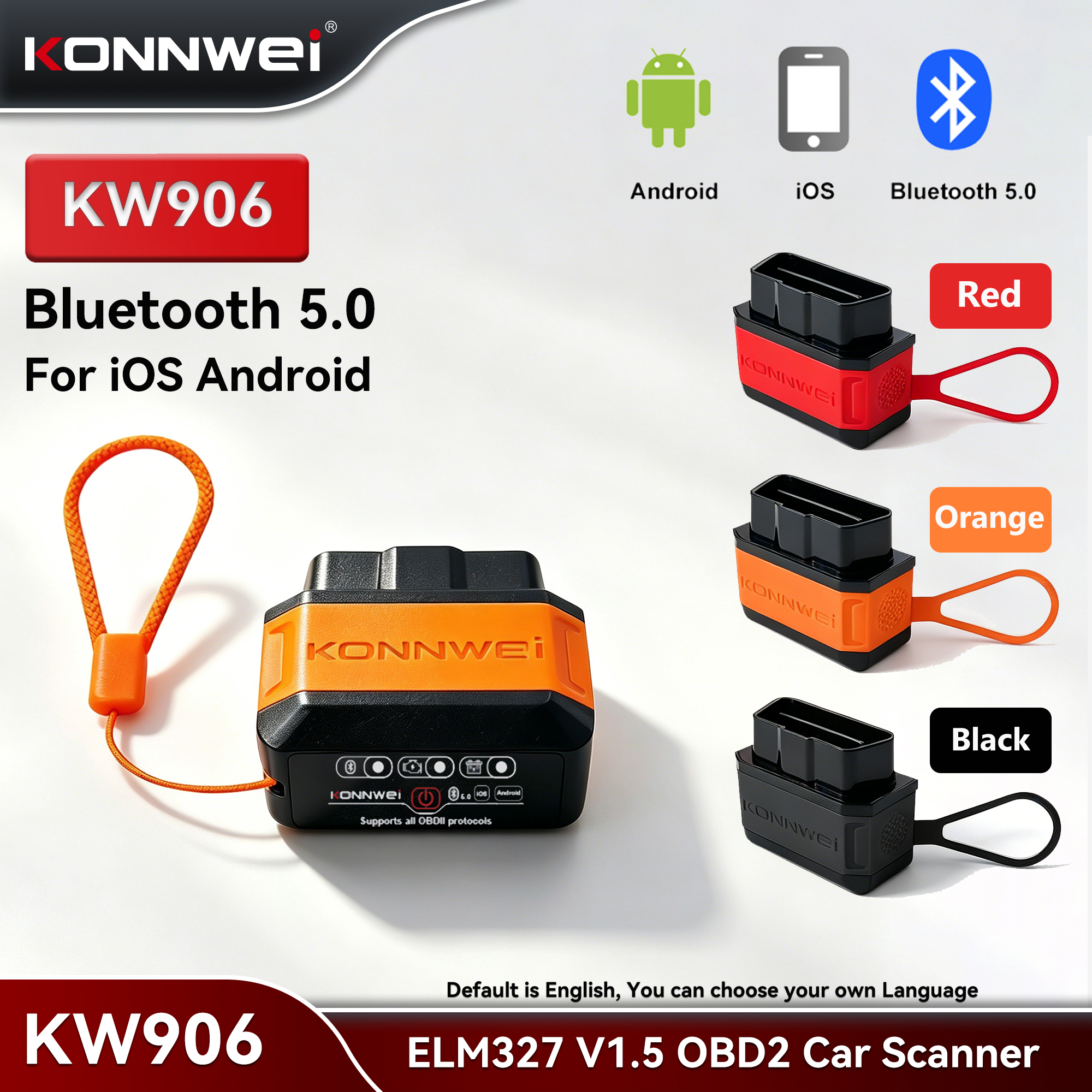 Immagine di KONNWEI KW906 ELM327 V1.5 OBD2 Scanner di guasti per auto Bluetooth 5.0 Strumento diagnostico OBDII per lettore di codici Android/IOS