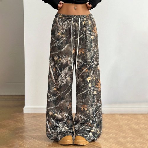 Immagine di Pantaloni Mimetici a Gamba Larga da Donna con Vita Elastica e Stampa Camouflage - Stile Y2K Vintage Streetwear
