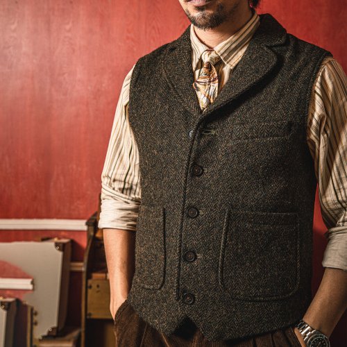 Immagine di MJ-0004B Gilet elegante vintage in lana 100% 560 GSM Gilet casual da uomo in tweed Rosso Tornado