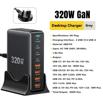 Image de Chargeur USB-C 8 Ports 320W - Charge Rapide pour iPhone, iPad, MacBook