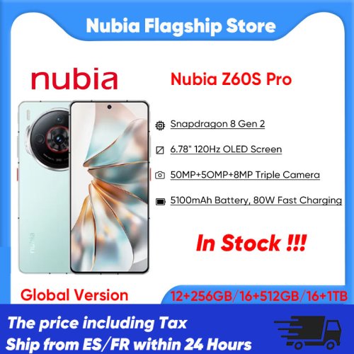 Imagen de Smartphone ZTE Nubia Z60S Pro 5G con procesador Snapdragon 8 Gen 2, pantalla OLED de 6.78 pulgadas con tasa de refresco de 120 Hz, carga rápida de 80 W y cámara de 50 MP, sistema operativo Android 14, versión global con Google Play