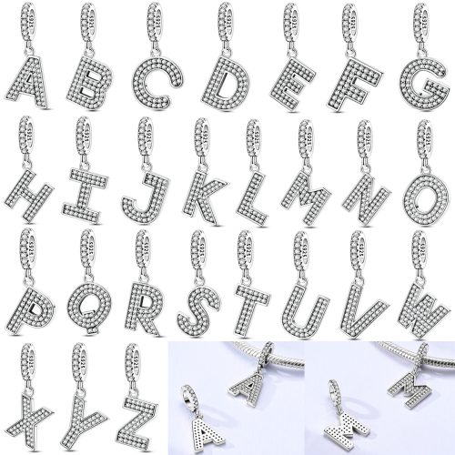 Immagine di Ciondolo Personalizzato in Argento Sterling 925 con Zirconi, Lettere dell'Alfabeto per Bracciale o Collana - Gioiello Fai da Te per Amore e Regali Speciali