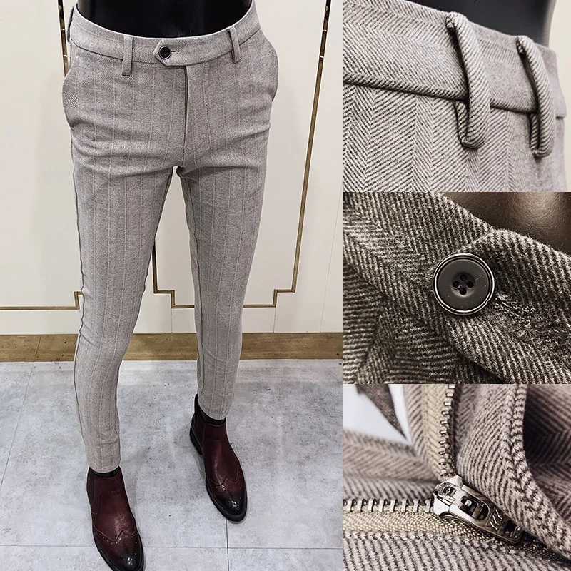 Imagen de Pantalones de Traje de Lana a Rayas para Hombre - Estilo Formal y Casual para Otoño e Invierno