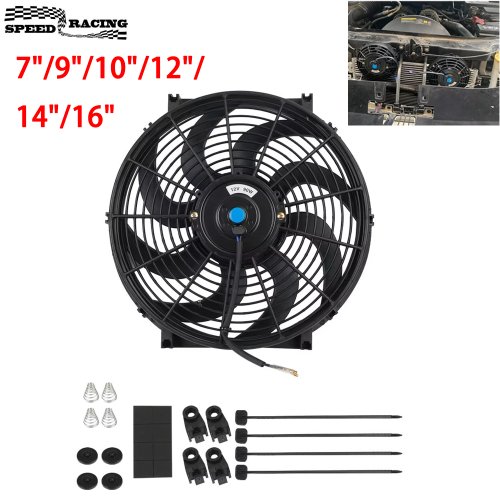Zdjęcie Uniwersalny Elektryczny Wentylator Chłodzący do Samochodu 7-16 Cali, 12V, 80W, 2100 RPM – Zestaw do Klimatyzacji i Chłodzenia Radiatora