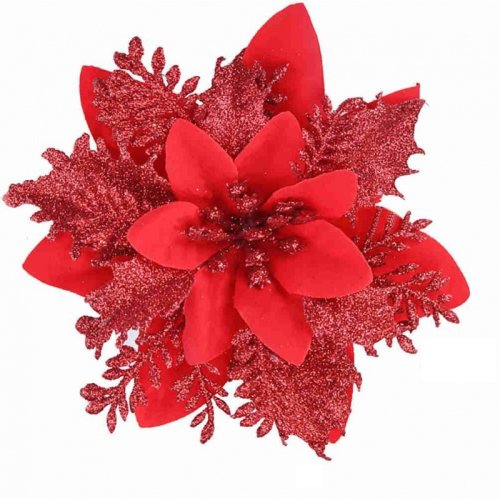 Afbeelding van 14 cm Kerst Glitter Bloemornamenten in Roze, Rood en Goud – Prachtige Kunstbloemen voor Kerstboom en Thuisdecoratie