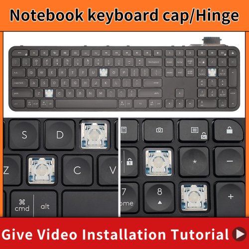 Imagen de Tapa de tecla de repuesto con clip de tijera y bisagra para teclas Logitech Craft MX, llave y clips de teclado en color gris y negro