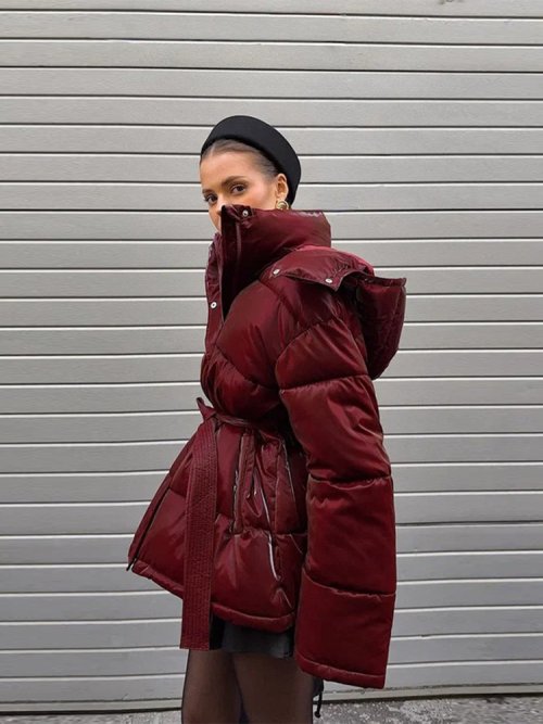 Imagen de Chaqueta de Plumón Brillante y Elegante para Mujer con Cinturón Ajustable, Manga Larga y Bolsillos Grandes – Abrigo Invernal Caliente y Estilo Urbano