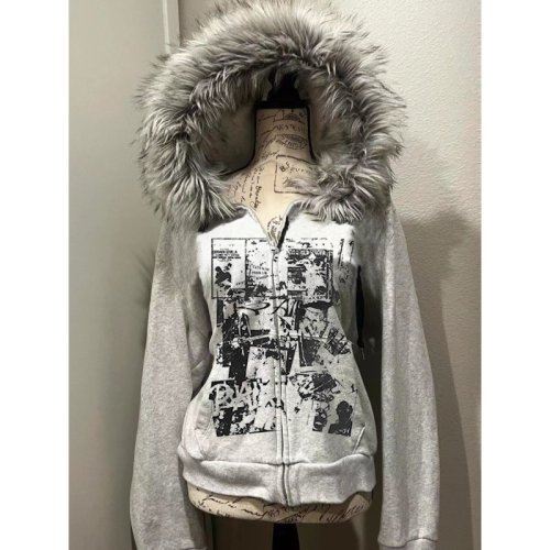 Imagen de Sudaderas con Capucha Góticas para Mujer, Estilo Harajuku Vintage de los Años 2000, Chaquetas Estampadas con Piel Sintética, Ropa Informal Y2K Chic y Subcultural
