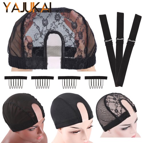 Bild von 2*4 Zoll U-Teil Perückenkappe mit Clips und verstellbarem Riemen für die Herstellung von Perücken, elastische Kuppel-Netzkappe, kleine Löcher, Kuppelkappen für Männer und Frauen