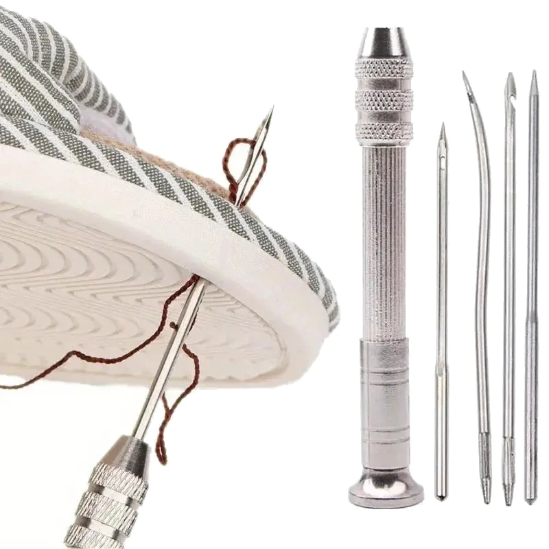 Image of Premium Natural Leather Sewing Kit with Silver Awl and 4-Piece Needle Set for Hand Stitching Leather, Canvas, and Tent Repair
