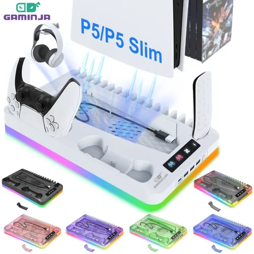 Afbeelding van Gaminja P58 RGB Koelstandaard met Oplaadstation voor PS5 Slim Console, Gamepad, Headsethaak en CD-opbergrek – Compleet Accessoirepakket
