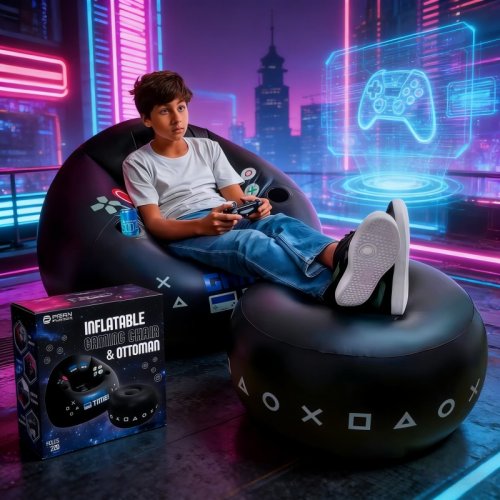 Imagen de Sofá Inflable Circular con Portavasos y Bolsillos Laterales para Juegos Electrónicos y Karaoke - Puf Negro Moderno y Funcional