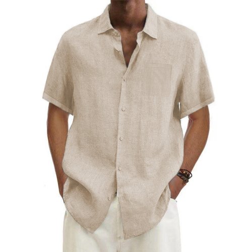Afbeelding van Herenshirt van Katoen en Linnen met Korte Mouwen – Zomerse Effen Kleur, Casual Strandstijl, Plus Size, Turn-Down Kraag