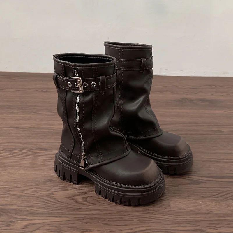 Immagine di Stivali da Motociclista Invernali per Donna con Fibbia alla Moda – Stivaletti Corti con Plateau Eleganti e Casual