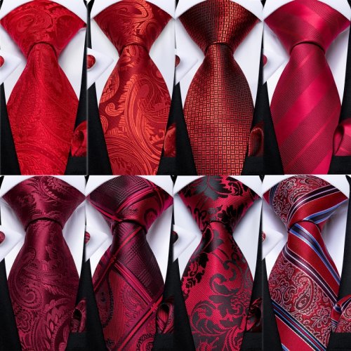 Bild von Elegante Herrenkrawatte Set – Rot, Solide & Gestreift, Paisley Muster, mit Einstecktuch und Manschettenknöpfen für Hochzeit und Business