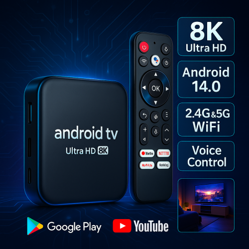 Image of Android 14 TV Box RK3518 8K Ultra HD Smart Media Player with Wi-Fi 6, Bluetooth 5.4, Voice Control, Google Play, YouTube, Netflix – High-Performance Set-Top Box for Immersive Home Entertainment