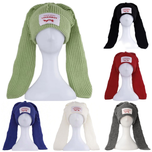 Bild von Handgefertigte Wollmütze mit langen Hasenohren – koreanische einfarbige Strickmütze für Herbst und Winter, warme Kopfbedeckung mit süßem Ohr-Design