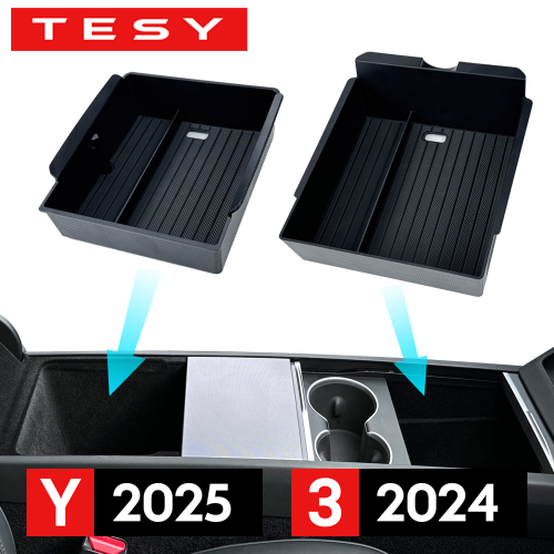 Image of Premium Center Console Storage Box with Upper & Lower Silicone Pads for Tesla Model Y 2025, Juniper Model 3 Highland 2024 – Armrest Organizer & Protective Pad Set