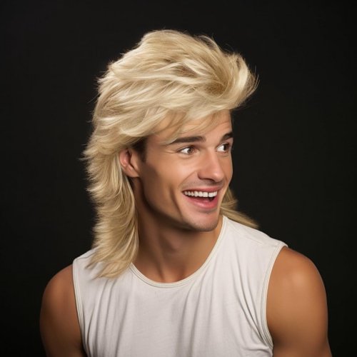Bild von Synthetische Lange Blonde Vokuhila Perücke – Maschinell Hergestellt für Männer, 70er und 80er Jahre Kostüm, Ausgefallene Party, Lockig, Punk Rocker, Halloween Kostüm, Männliche Verwendung