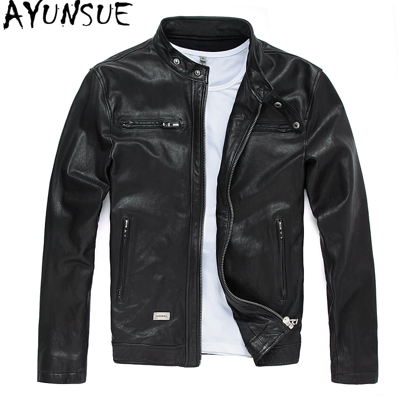 Image of Men's Genuine Sheepskin Leather Jacket - Autumn Casual Slim Fit Short Motorcycle Coat for Stylish Riders