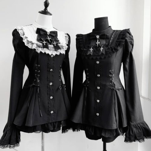 Imagen de Vestido Y2K con Lazo Estilo Lolita para Mujer, Conjunto de Pantalones Cortos con Encaje Gótico, Manga Acampanada y Camisa con Botones, Minivestido de Fiesta Punk