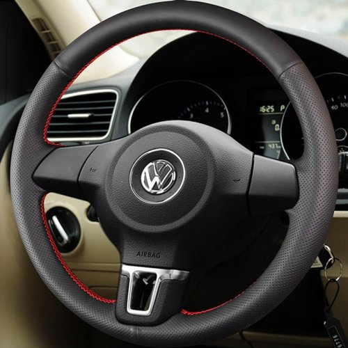 Image of Breathable Black Artificial Leather Steering Wheel Cover for Volkswagen Golf 6 MK6, Polo, Sagitar, Bora, Santana, Jetta – DIY Installation with Enhanced Grip and Comfort