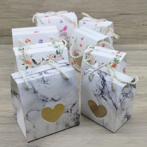 Imagen de Cajas de Regalo Hechas a Mano en Papel con Estilo Flor de Mármol, 2 Tamaños con Ventana y Colgador - Pack de 10 Unidades para Eventos Especiales