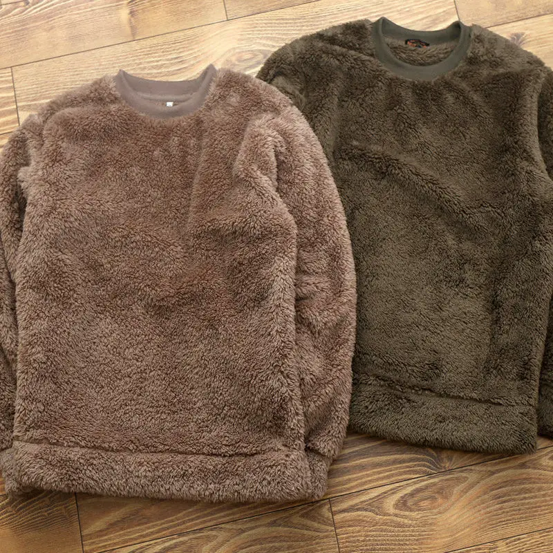 Bild von 2024 Herren-Pullover mit Rundhalsausschnitt, einfarbig, weicher Plüsch, Thermo-Tops, doppelseitig, Korallensamt, Heimkleidung, Außen-Sweatshirts