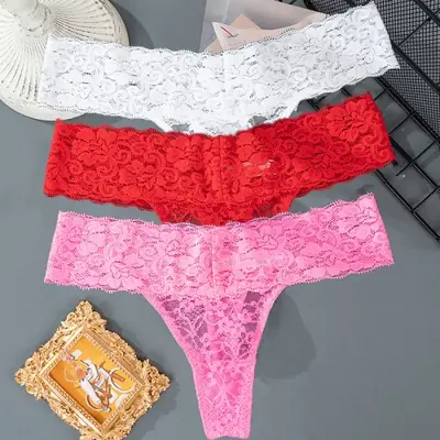 Image de Lot de 3 strings dentelle florale transparents taille basse
